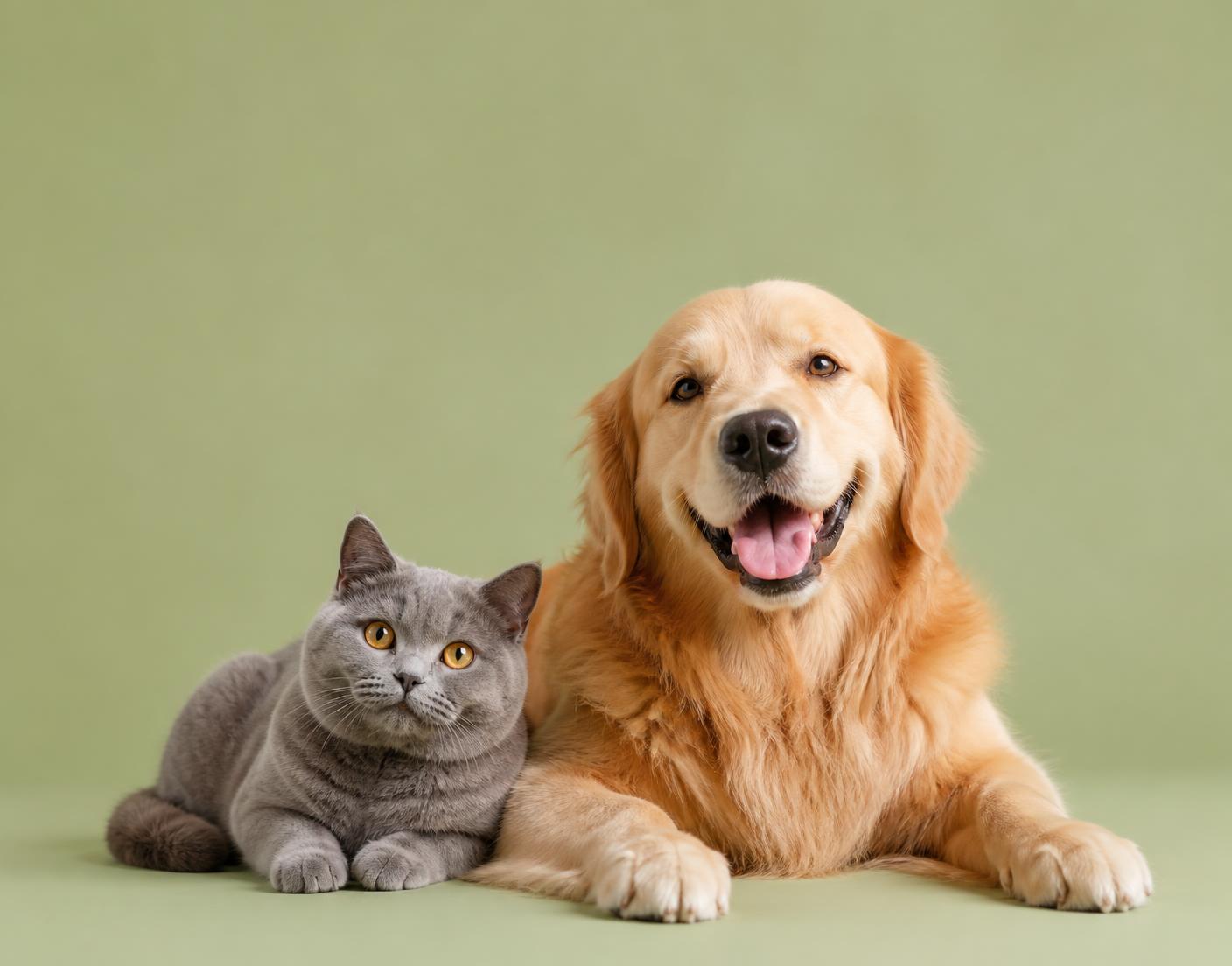 A golden retriever and a grey cat resting together